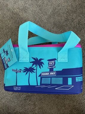 NWT Trader Joe's Aqua & Navy Palm Mini Insulated Print Tote